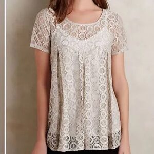 Anthropologie Akemi + Kin Lyra Sheer Shimmering Lace Top Cream and Silver XS